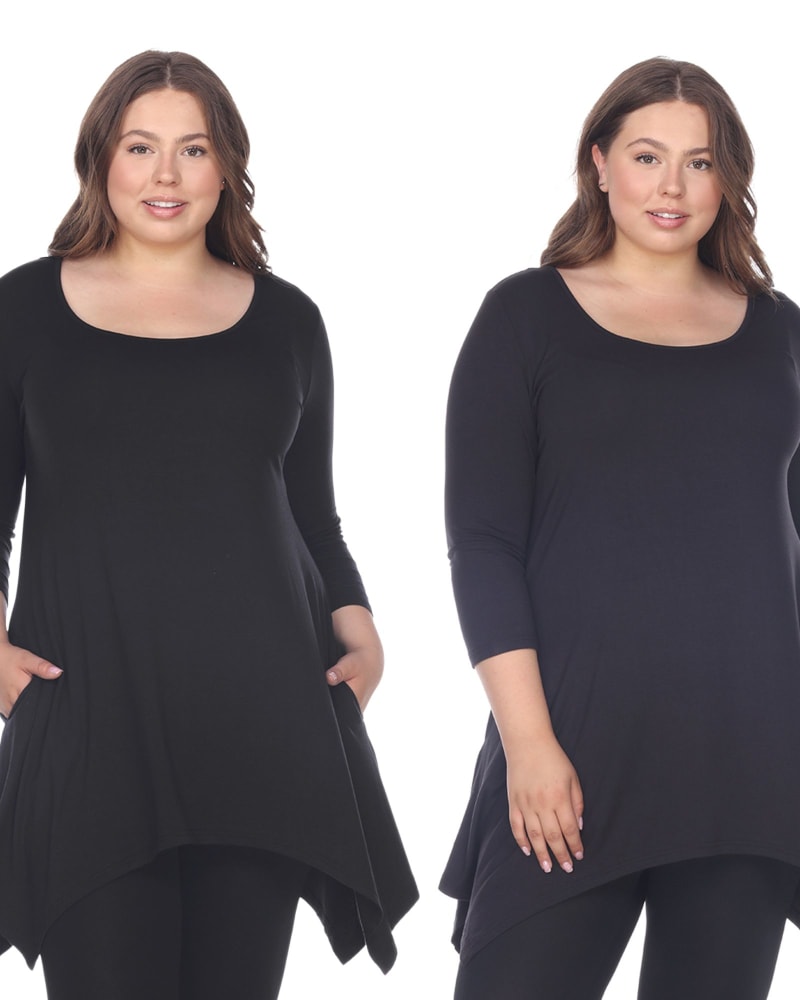 Front of a model wearing a size 4X Essential Makayla 2-Pack Tunic Top in Black Navy by White Mark. | dia_product_style_image_id:249948